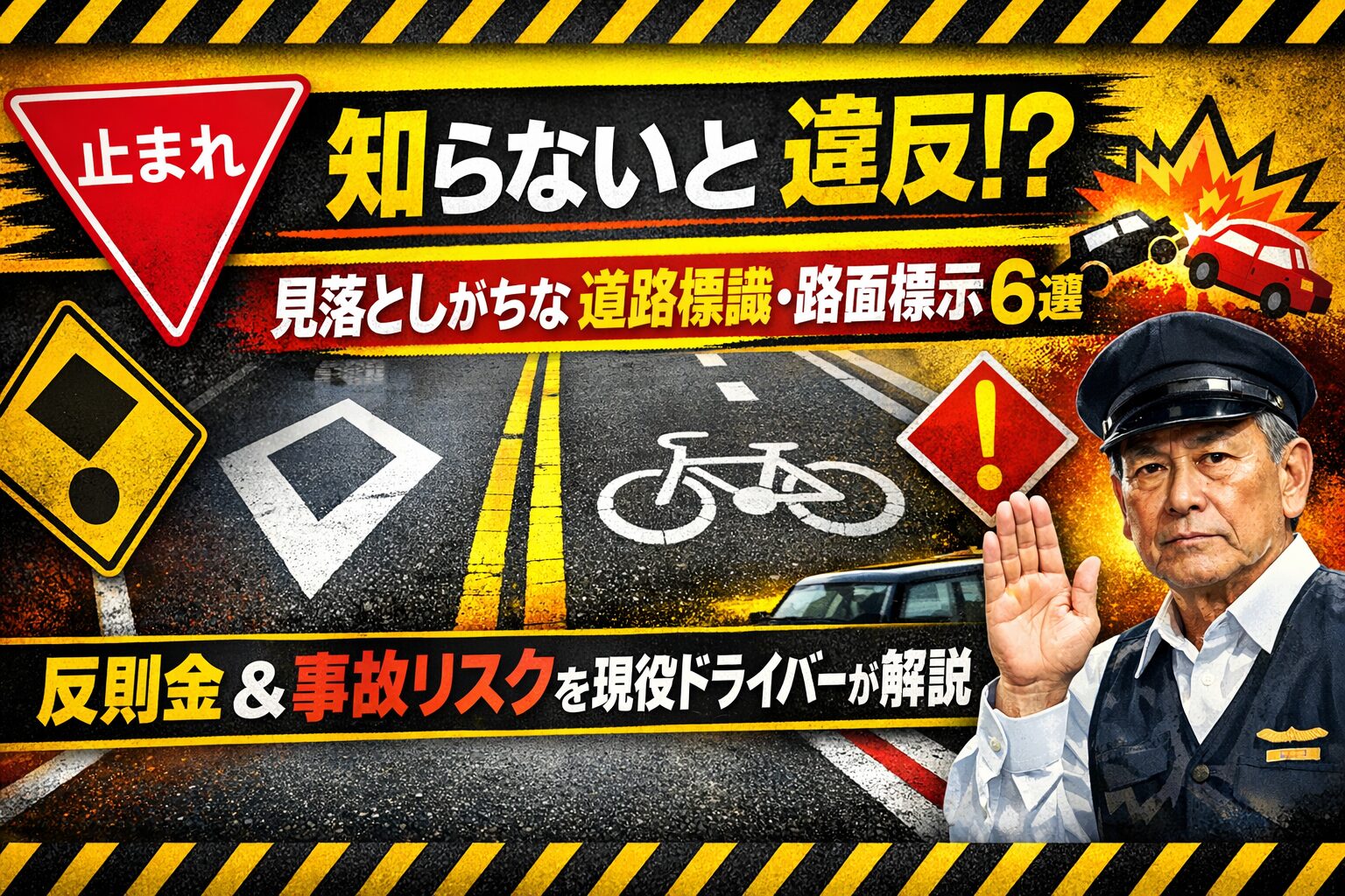 知らないと違反!?見落としがちな道路標識・路面標示6選を警告するアイキャッチ。逆三角マークやダイヤマーク、黄色ライン、自転車ナビマークを背景に現役ドライバーが注意喚起する構図