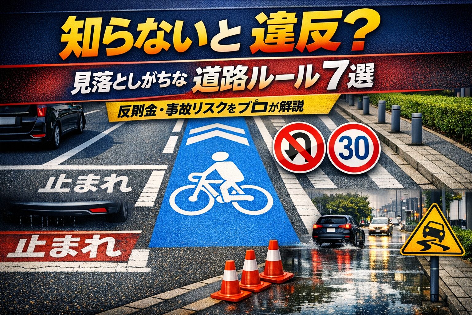 道路ルール7選の記事用アイキャッチ画像。停止線、青い自転車ナビライン、速度標識、横断歩道、雨天の滑りやすい道路などを組み合わせ、反則金と事故リスクを視覚的に示したデザイン。