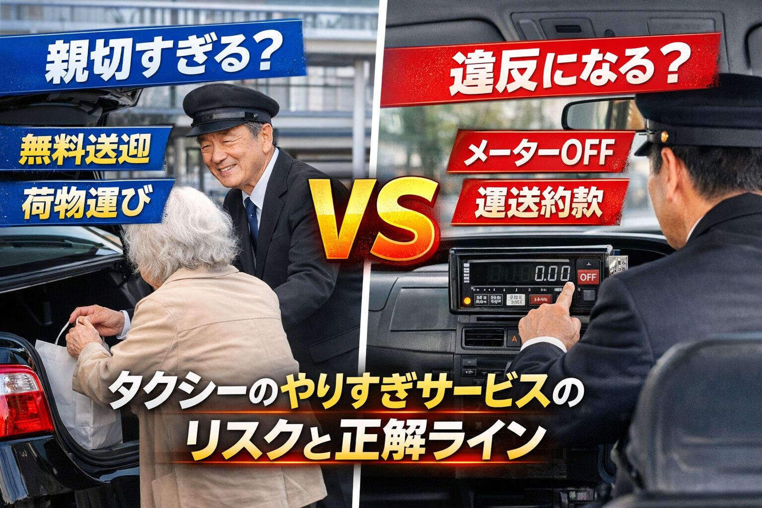 タクシー運転手が高齢者を手助けする親切対応と、メーターOFFによる過剰サービスの境界線を対比した構図。左に荷物を運ぶドライバー、右にメーターを止める手元、中央に“VS”が配置されたデザイン。