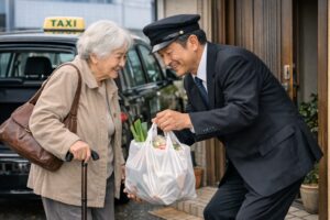 杖をついた高齢女性の買い物袋を玄関先で運んで手渡すタクシー運転手。黒いスーツと帽子姿のドライバーが笑顔で対応し、背景には黒いタクシーと住宅の玄関が見える。