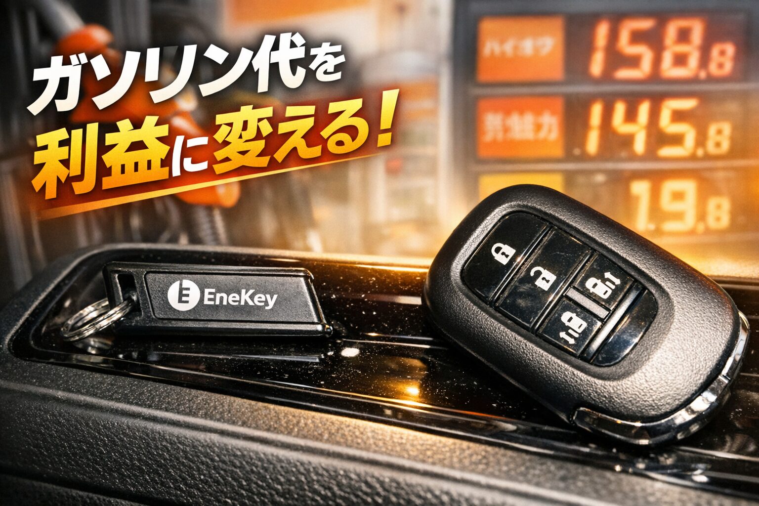 車のセンターコンソールに置かれたエネキーとスマートキーの実写風イメージ。背景に給油ノズルとガソリン価格表示がぼんやり写り、ガソリン代節約を象徴する構図。