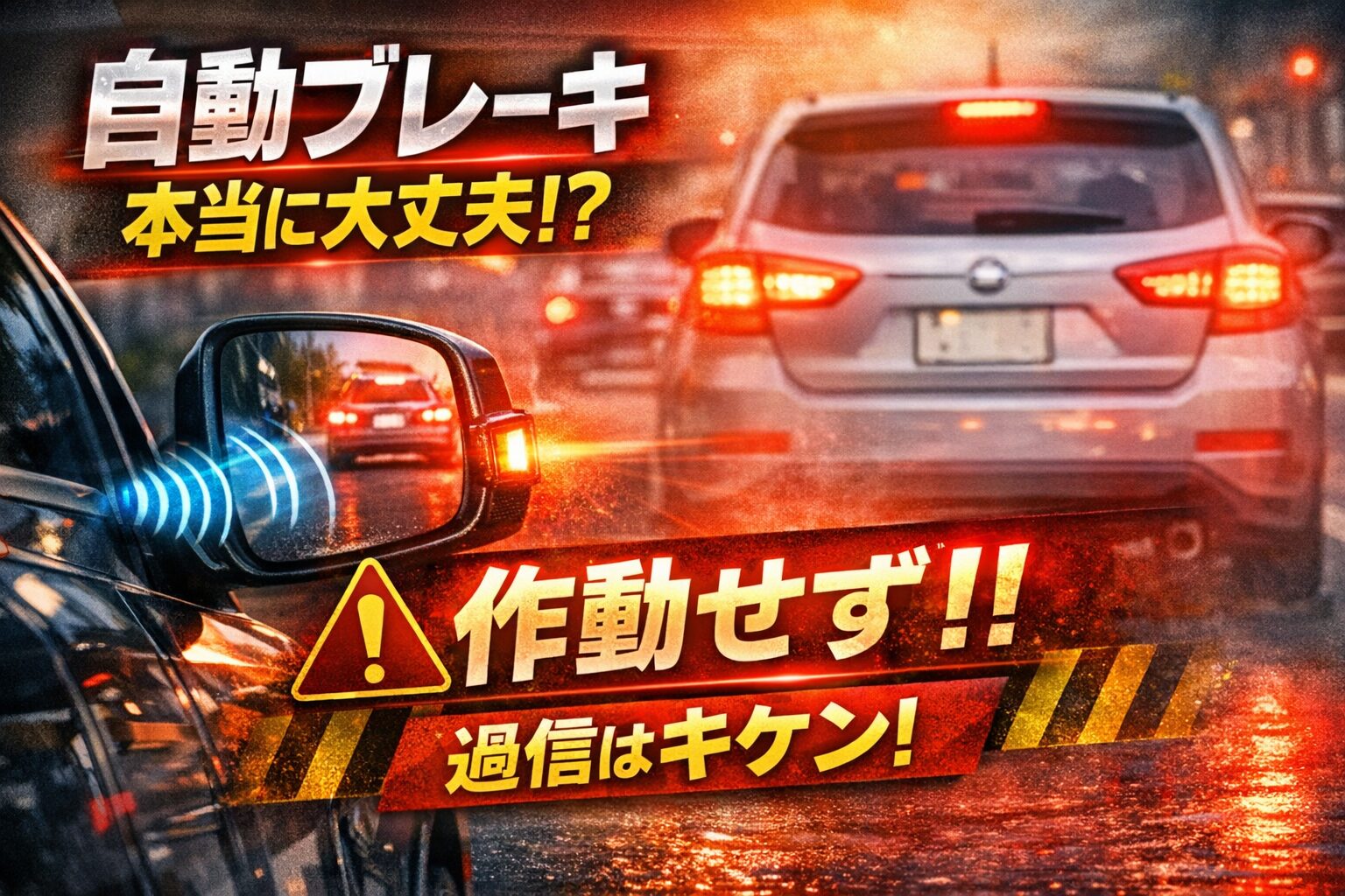 自動ブレーキの作動しない瞬間を警告する構図。前方の車両と赤いブレーキランプ、警告表示『作動せず!!』『過信はキケン!』が重なり、安全運転への注意を促す啓発画像。