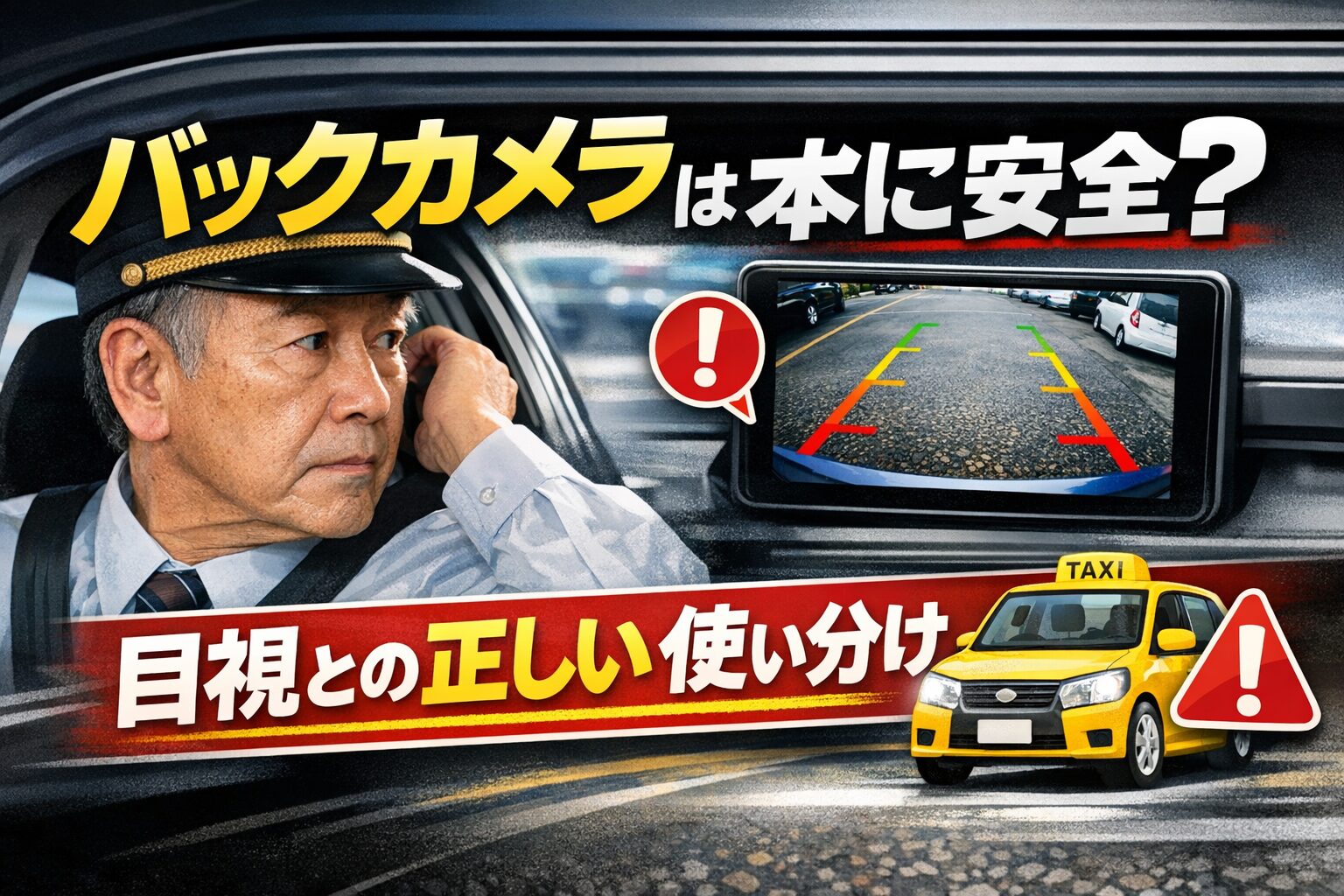 バックカメラ映像と振り向き目視を対比し、現役タクシードライバーが安全確認の重要性を警告する構図。『本当に安全？』『目視との正しい使い分け』の文字が強調された注意喚起画像。