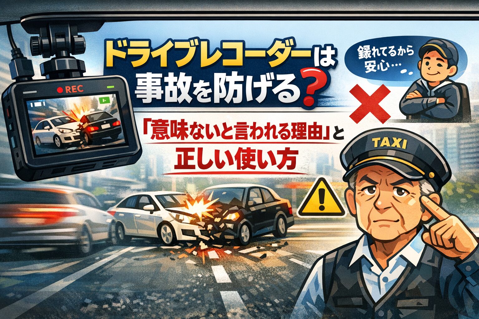 ドライブレコーダーの録画画面と事故シーンを対比し、過信の危険性と正しい使い方を警告する構図。『事故を防げる？』『意味ないと言われる理由』の文字が強調された注意喚起画像。