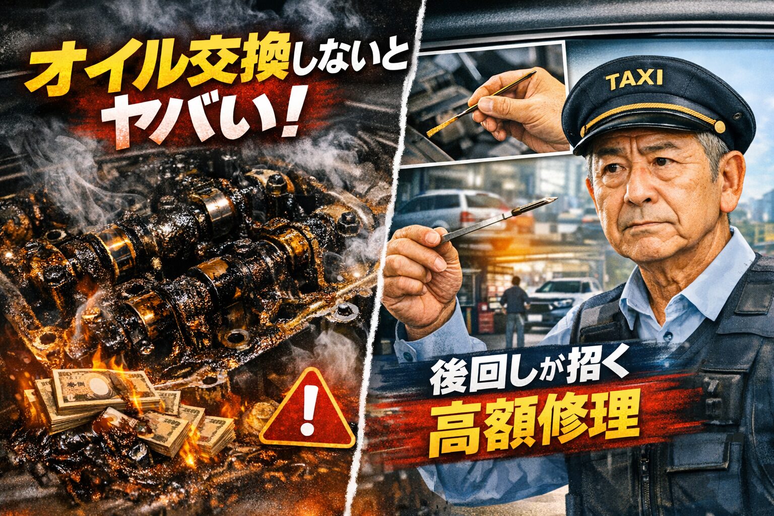 エンジン内部の焼き付きとスラッジ汚れを示す故障寸前の状態と、タクシードライバーがオイルゲージを点検する様子を対比し、オイル交換を後回しにする危険性と高額修理リスクを警告する構図