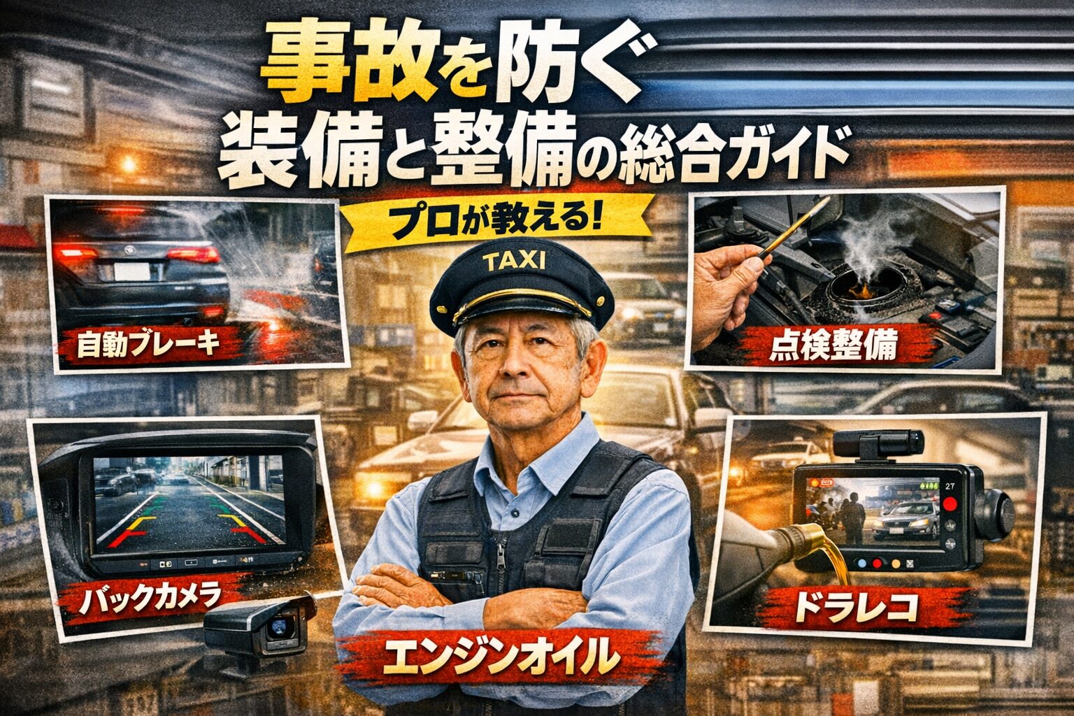 事故防止のために必要な安全装備・点検整備・エンジンオイル管理・バックカメラ・ドラレコなどの要素を、現役タクシードライバーが中心に立って解説する総合ガイド構図