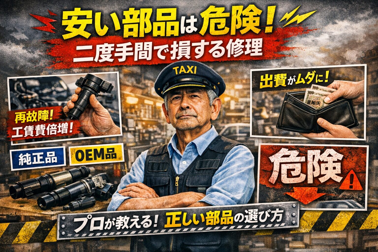 安い車の部品が再故障や工賃倍増のリスクを招くことを静かに警告し、整備工場の背景で現役タクシードライバーが純正品・OEM品・格安品の違いを説明する構図