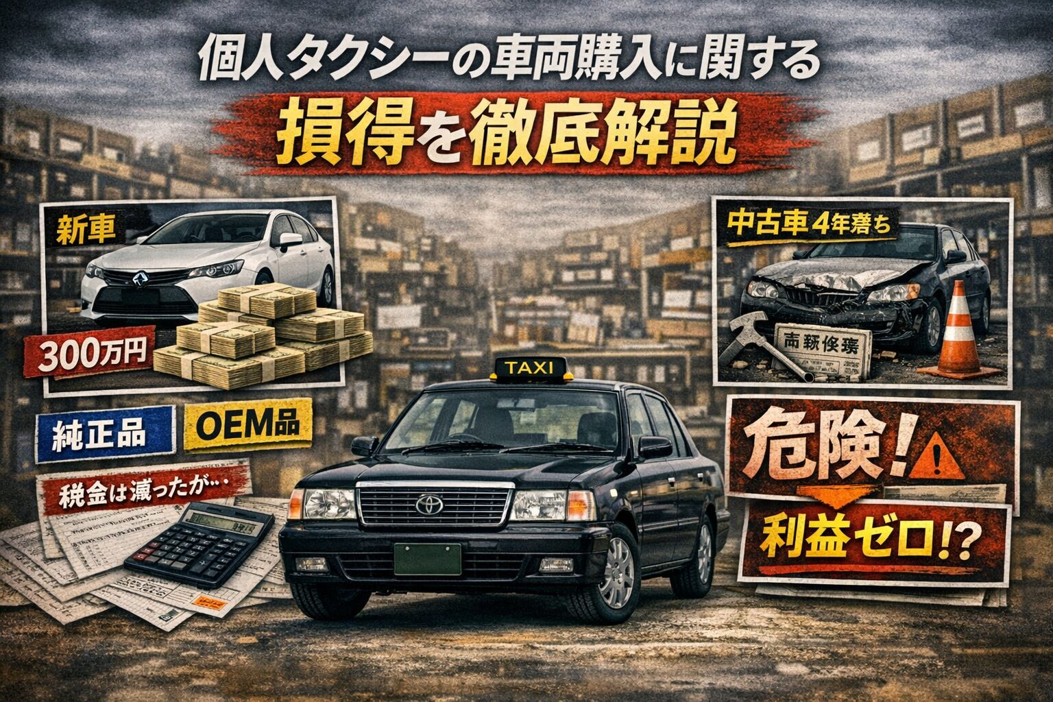 個人タクシーの車両購入に関する損得を徹底解説する記事のアイキャッチ画像。上部中央にタイトル文字が配置され、下部に黒いタクシー車両が停車している構図。新車と中古車の比較、修理リスク、利益ゼロの警告要素を含む経営判断テーマのデザイン