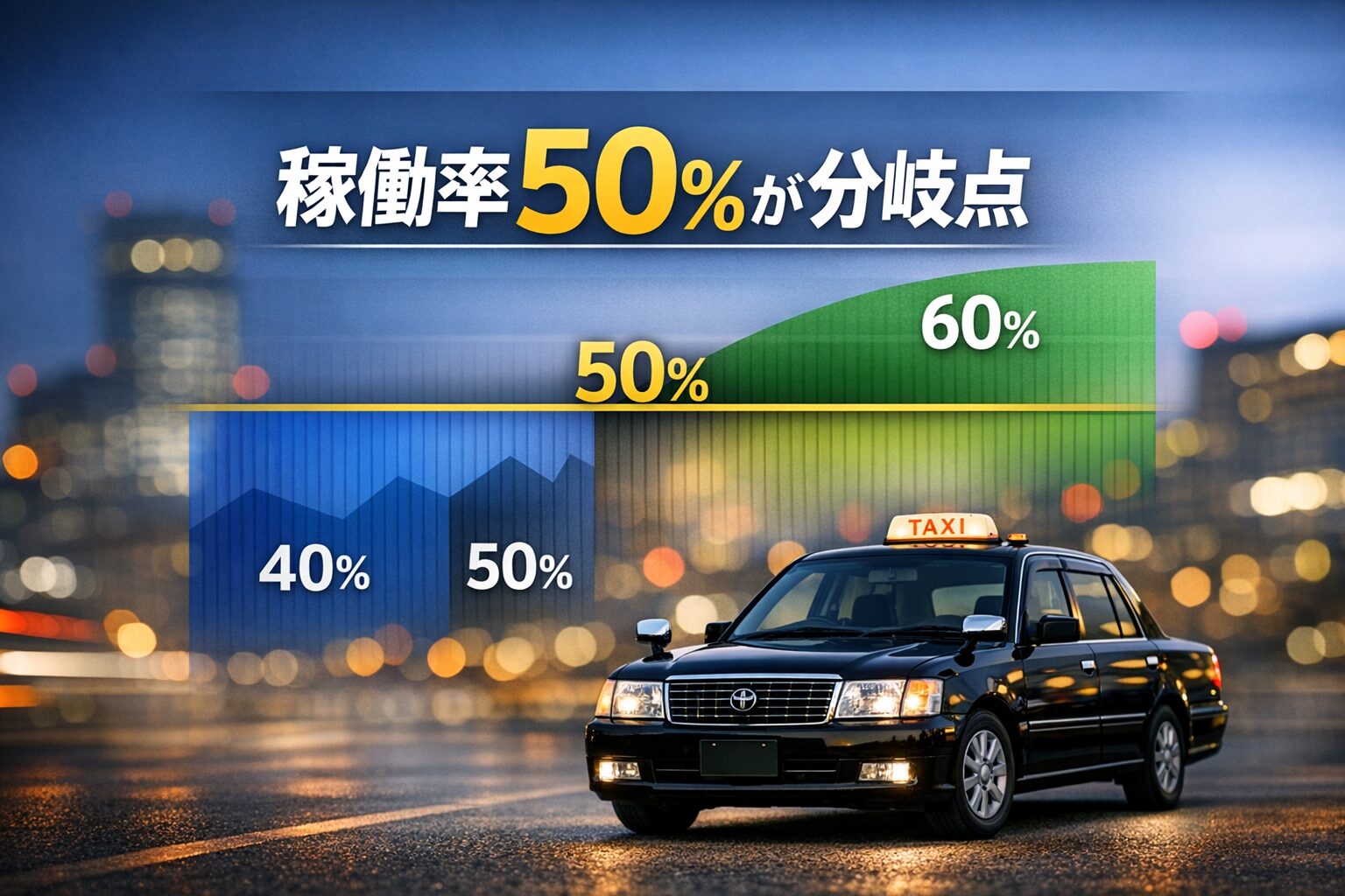個人タクシーの稼働率50％をテーマに、中央に少ない文言で分岐点を示すシンプルなアイキャッチ画像。背景に40％・50％・60％のラインを示すグラフがあり、下部に黒いタクシー車両が配置された落ち着いたデザイン。