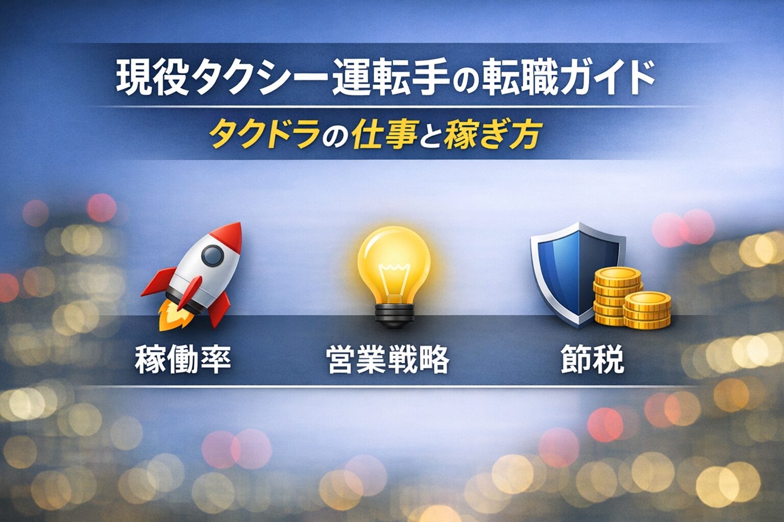 個人タクシーで稼ぐための3ステップ（稼働率・営業戦略・節税）をシンプルに示したアイキャッチ画像。上部にタイトル、下部に3つのアイコンが横並びで配置された落ち着いたデザイン。
