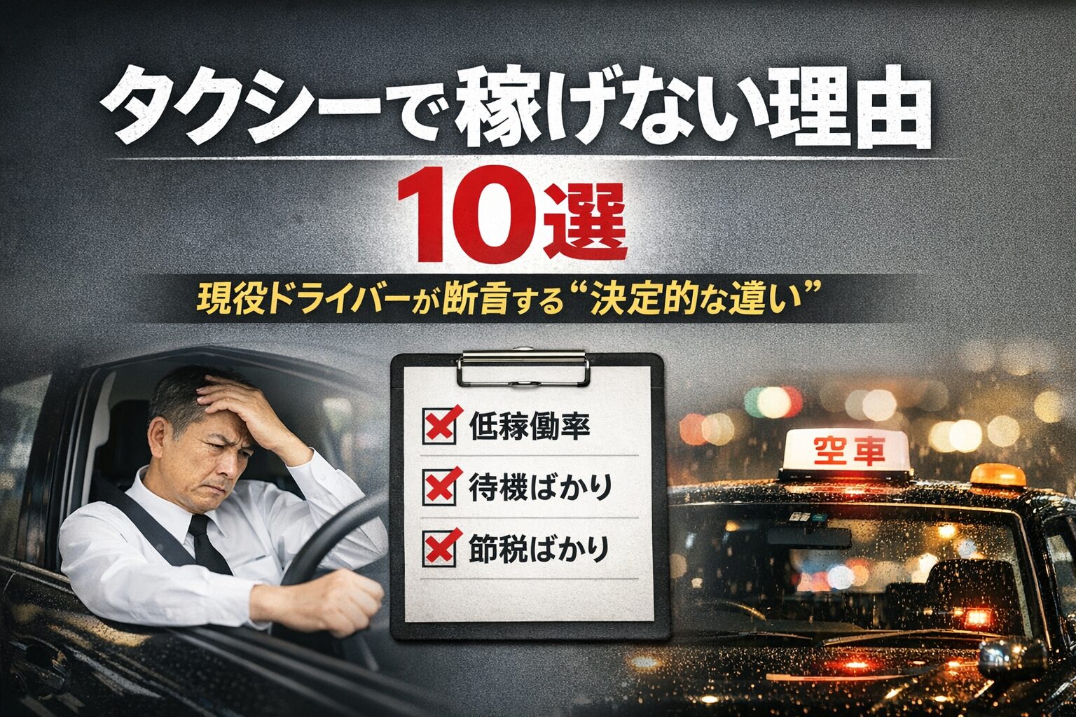 タクシーで稼げない理由10選をテーマにしたシンプルなアイキャッチ画像。中央に大きくタイトルを配置し、背景に落ち着いたトーンのタクシー写真を用いた視認性の高いデザイン。