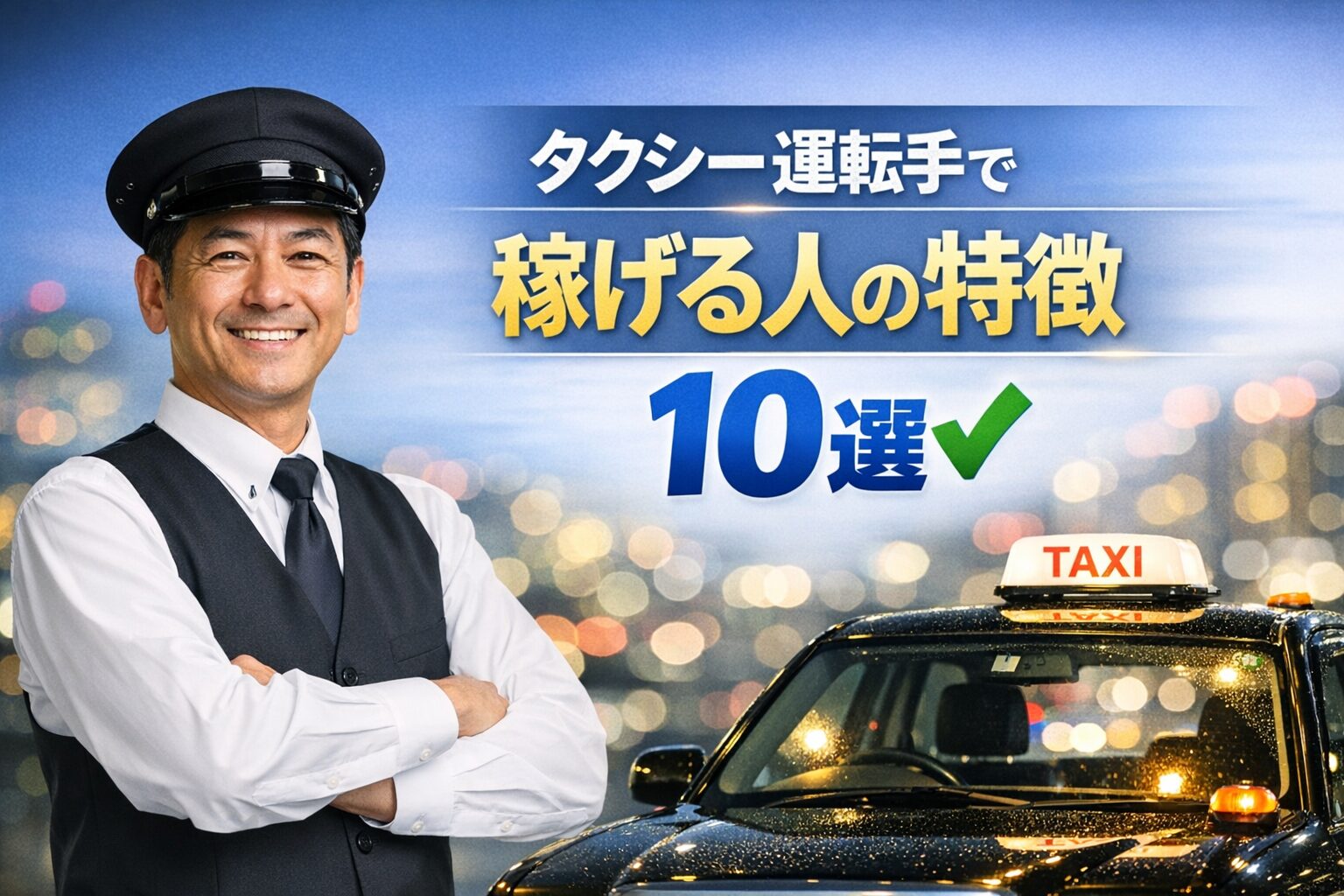 タクシー運転手で稼げる人の特徴10選を示すシンプルなアイキャッチ画像。左側に笑顔のドライバー、右側に『稼げる人の特徴10選』の文字とチェックマークを配置した明るい構図。