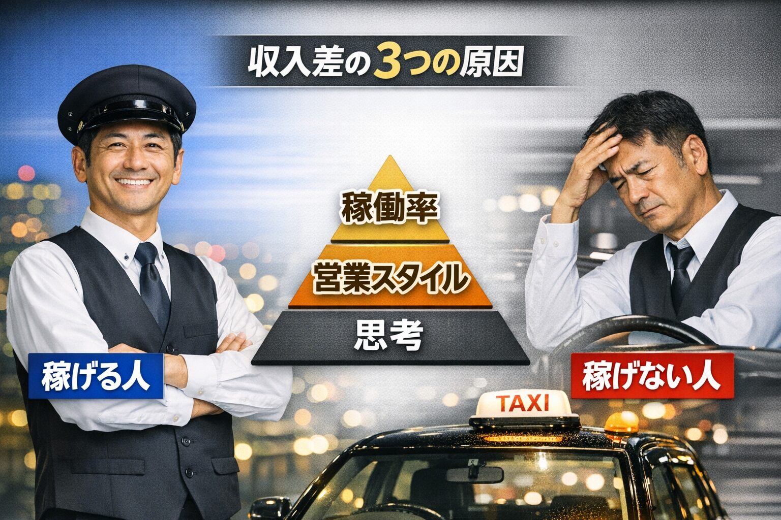 タクシー運転手で稼げる人と稼げない人の違いを示すシンプルなアイキャッチ画像。左に稼げる運転手、右に稼げない運転手、中央に『収入差の3つの原因（稼働率・営業スタイル・思考）』を配置した対比構図。