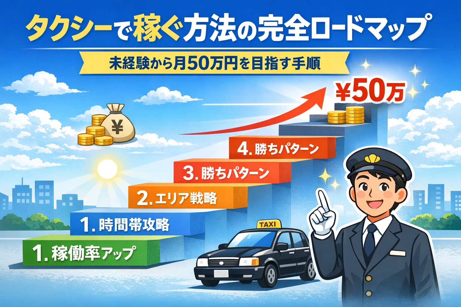 タクシーで稼ぐ方法の完全ロードマップを示すシンプルなアイキャッチ画像。左側に5つのステップ（稼働率→時間帯→エリア→勝ちパターン→節税）が階段状に並び、右側にタクシードライバーとタクシーが配置された構図。