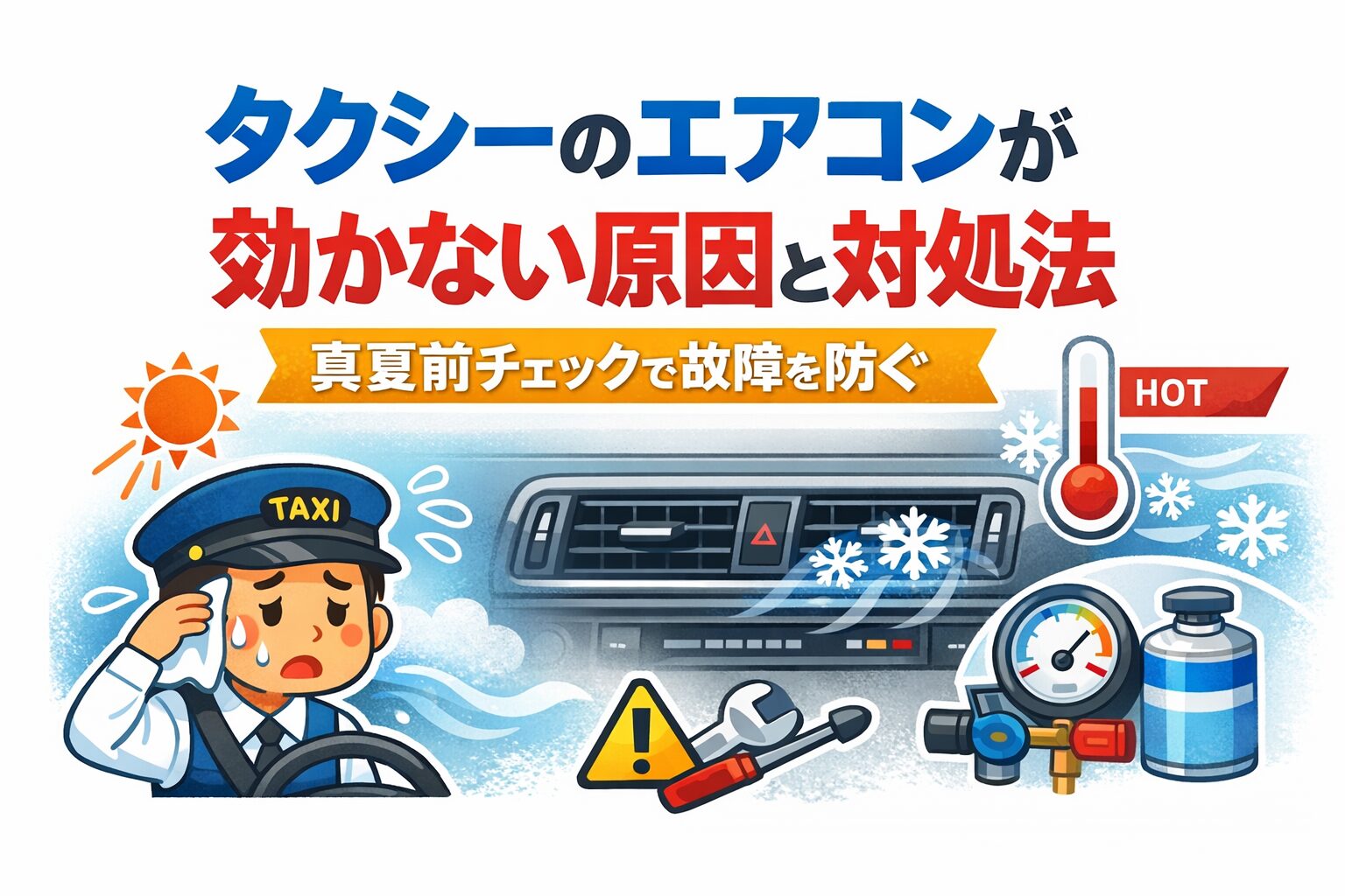 タクシーのエアコンが効かない原因と対処法を示すシンプルなアイキャッチ画像。左に汗をかくドライバー、右にエアコン操作パネルと冷気のイラストを配置し、中央にタイトルを置いた構図。