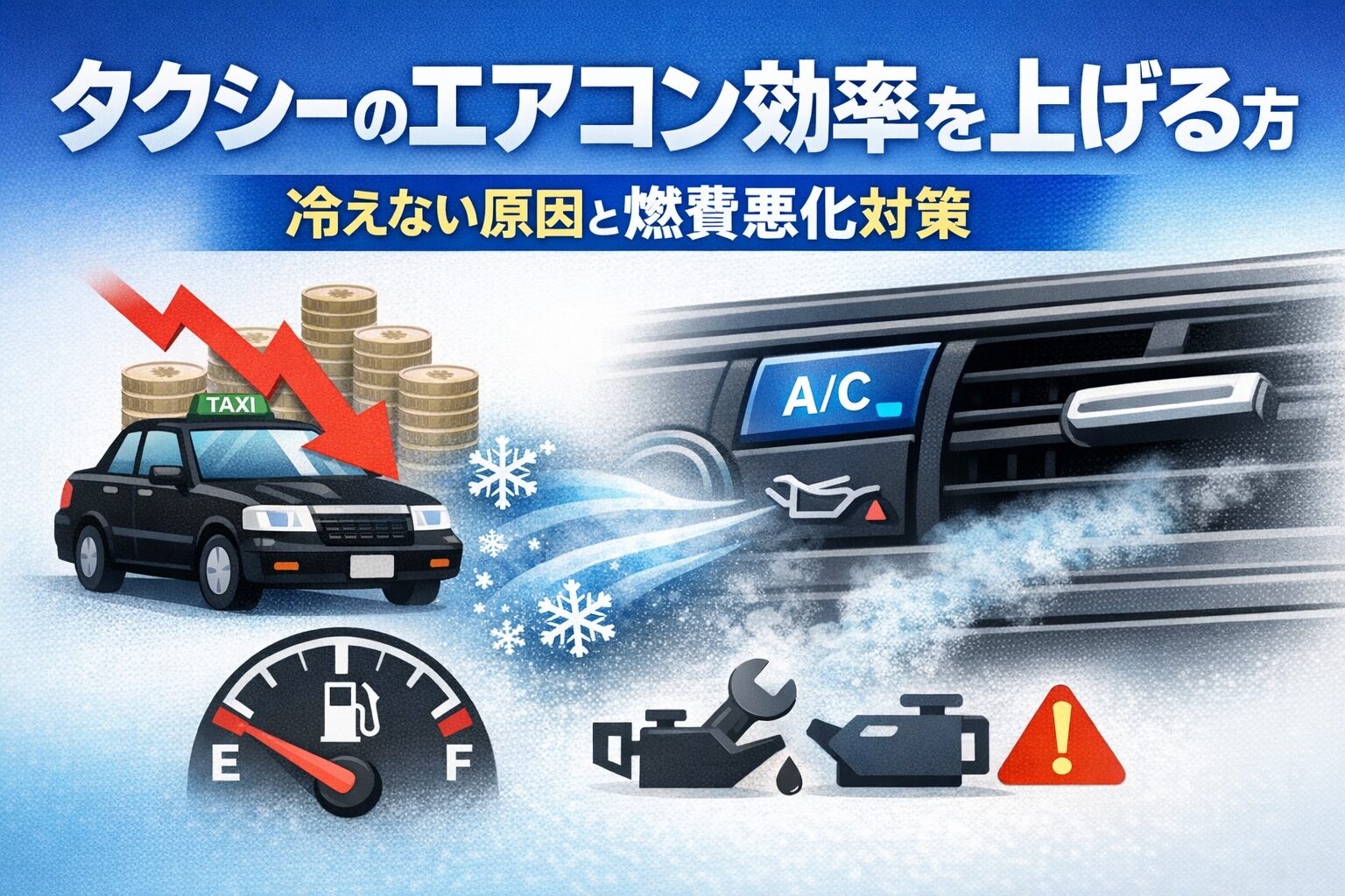 タクシーのエアコン効率を上げる方法を示すシンプルなアイキャッチ画像。左に燃費悪化を示すタクシーと赤矢印、右にエアコン操作パネルと冷気のイラストを配置し、中央にタイトルを置いた構図。