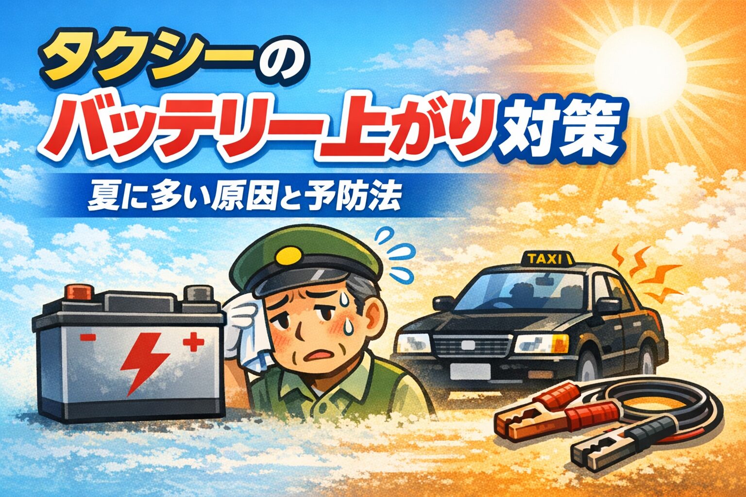 タクシーのバッテリー上がり対策を示すシンプルなアイキャッチ画像。左にバッテリーと雷マーク、中央に汗をかくドライバー、右に炎天下のタクシーとジャンプスターターを配置し、中央上部にタイトルを置いた構図。