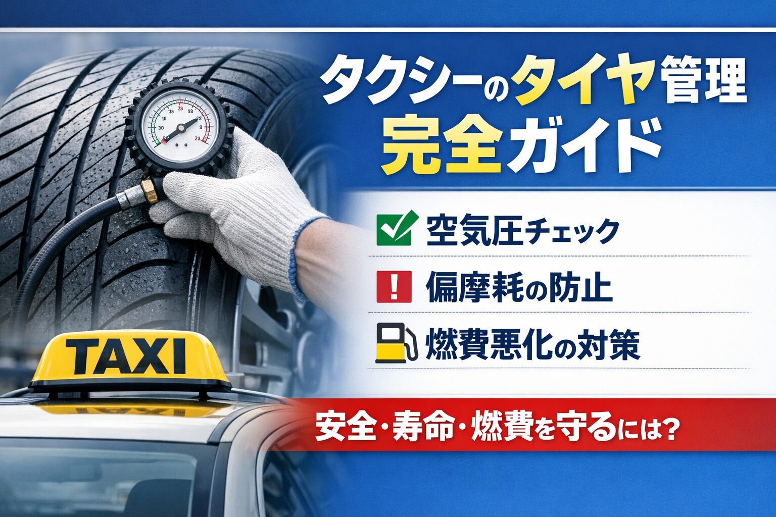 タクシーのタイヤ管理ガイドを示すシンプルなアイキャッチ画像。左に空気圧を測るタイヤとゲージ、右にタイトルとチェック項目を配置し、安全・寿命・燃費を守る重要性を強調した構図。