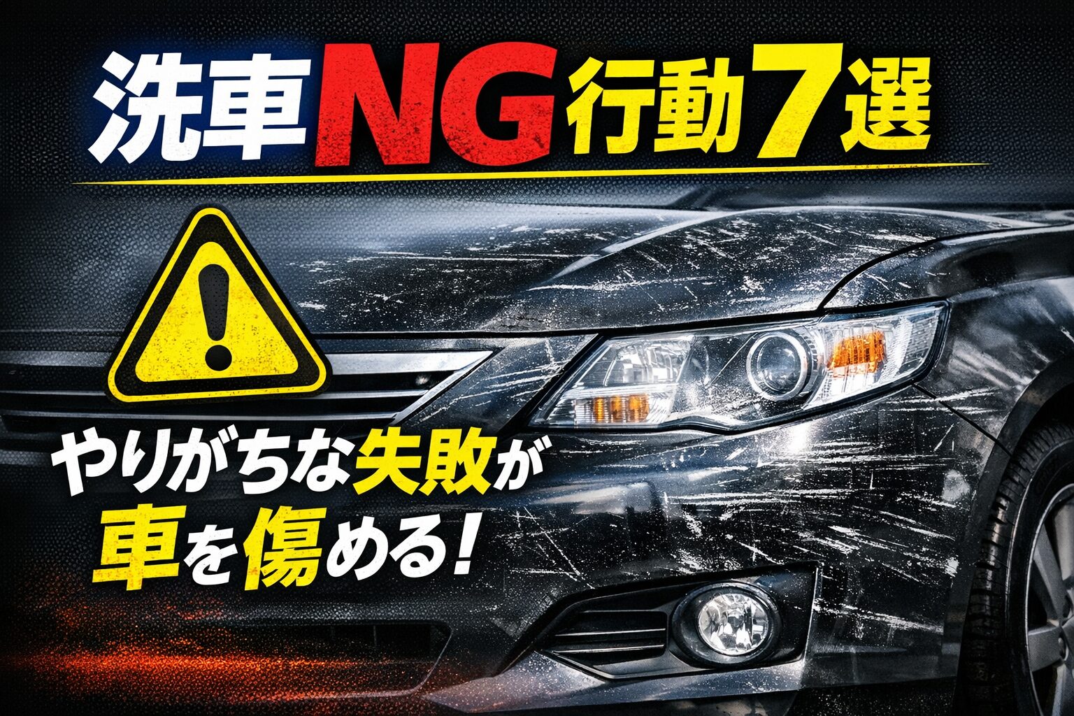 洗車NG行動7選の文字と注意マーク、傷ついた車のボディを配置したシンプルな警告系アイキャッチ画像。