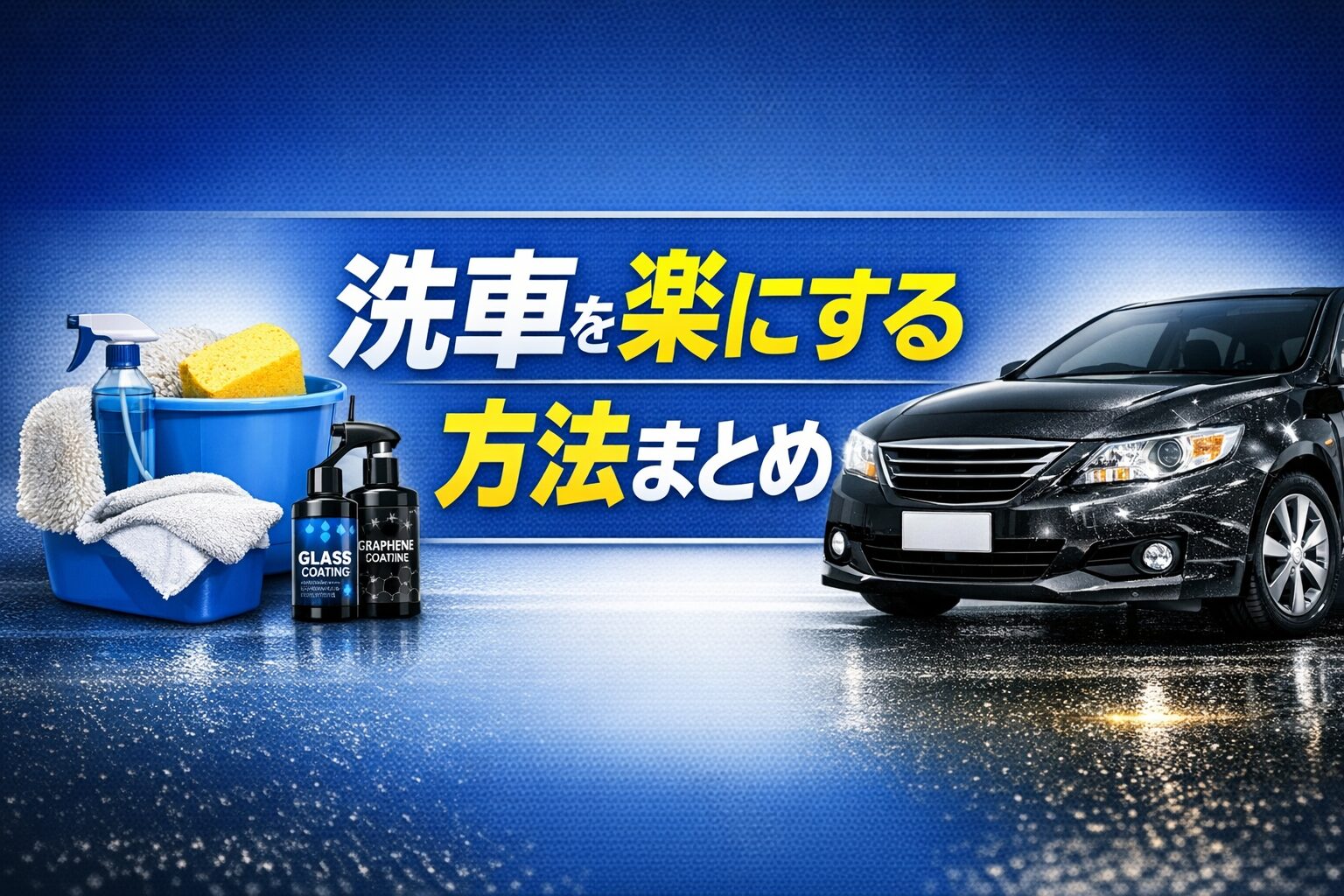 洗車を楽にする方法まとめのアイキャッチ画像。左に洗車道具、右にコーティング剤と光沢のある車が並び、中央にタイトルが配置されたシンプルな構図。