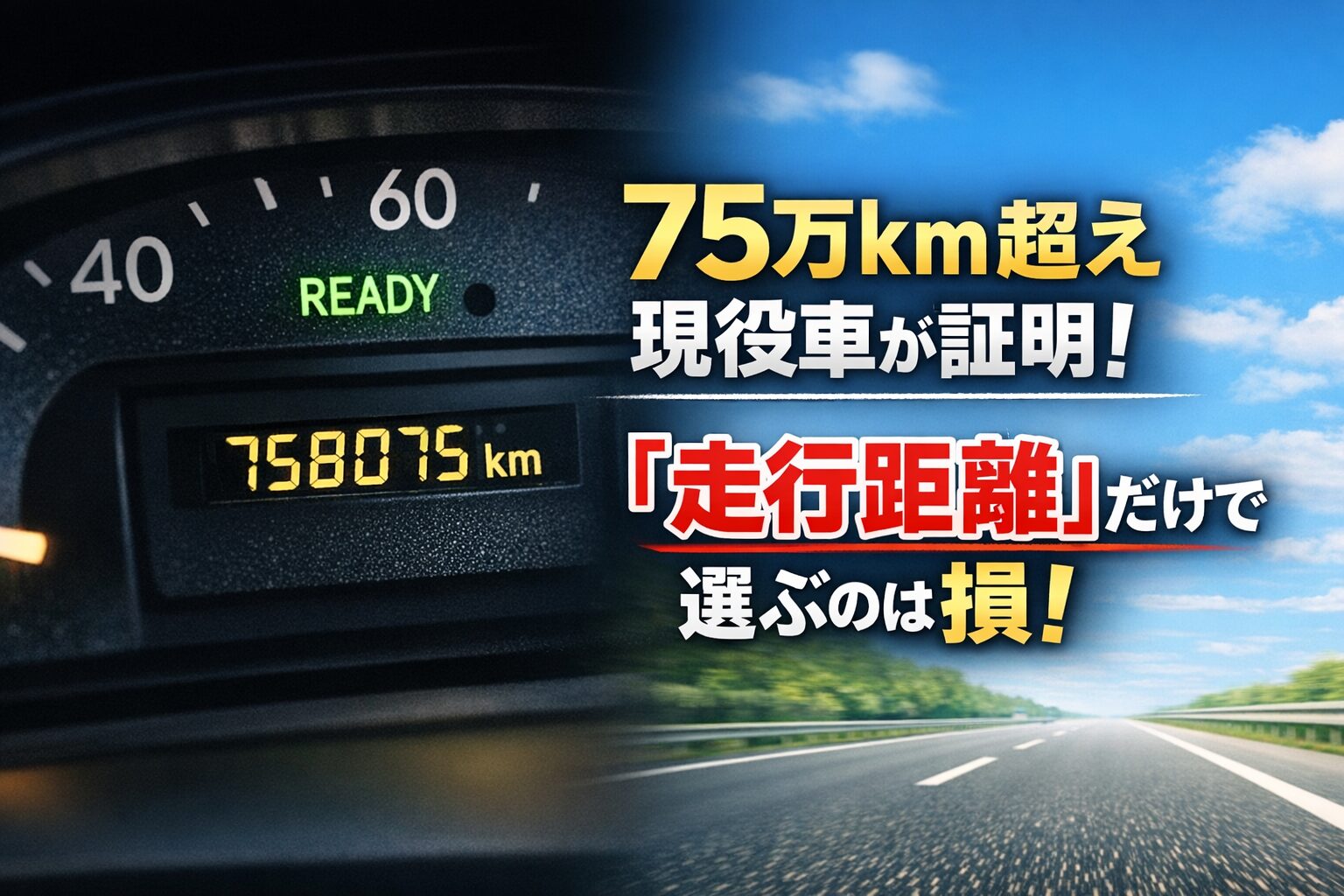 75万km超えの現役タクシーのオドメーターと高速道路背景を組み合わせ、走行距離だけで中古車を選ぶのは損だと訴えるシンプルなアイキャッチ画像。