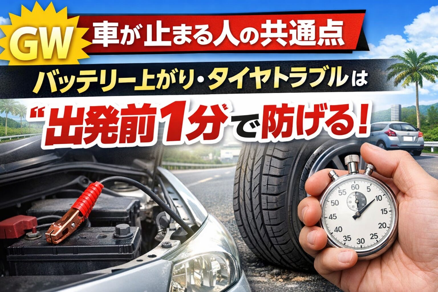 GWの車トラブルを防ぐために、バッテリーとタイヤの簡単チェックを促すシンプルなアイキャッチ画像。