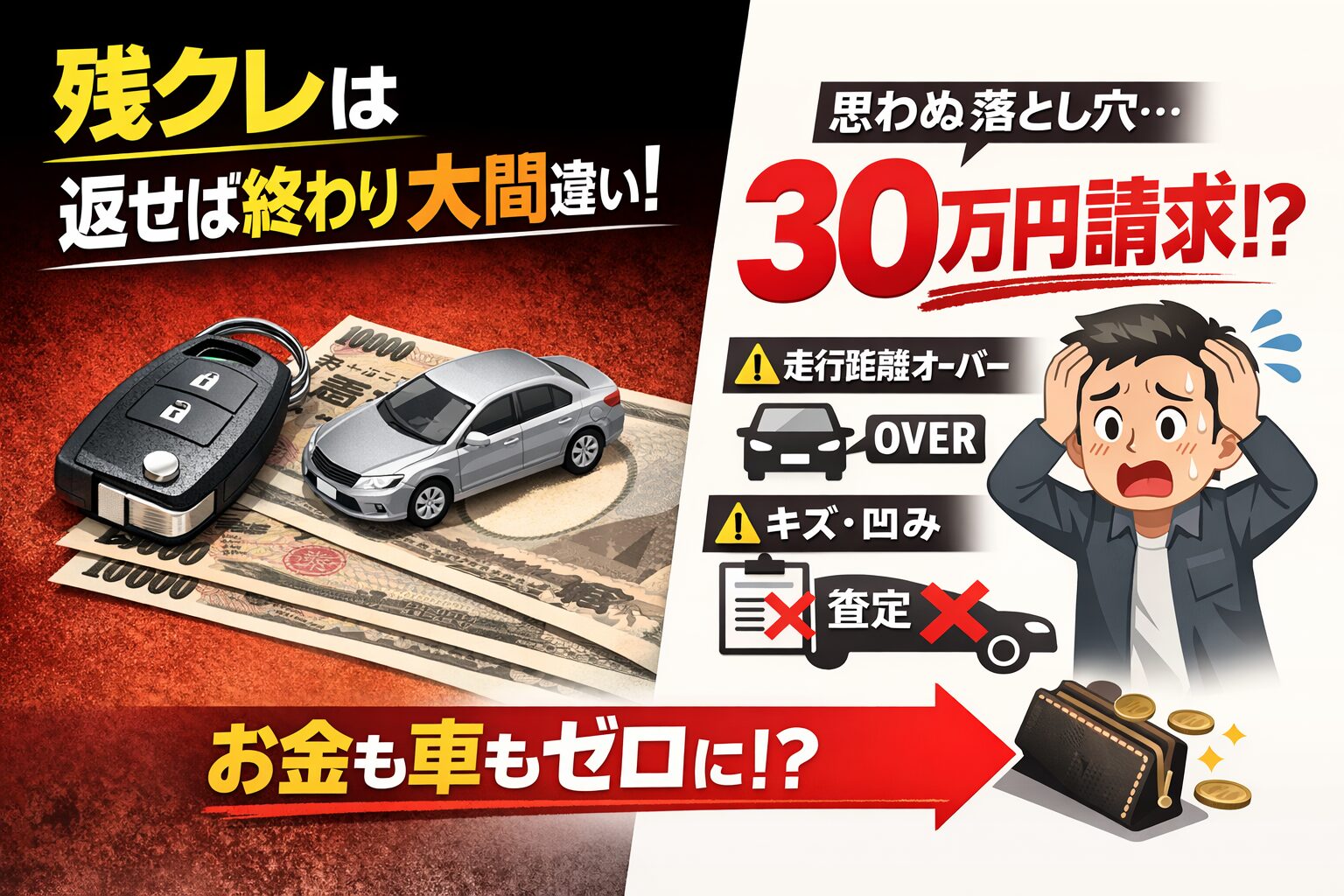 残クレ返却で30万円請求されるリスクを警告する、車とお金のイラスト入りアイキャッチ画像。