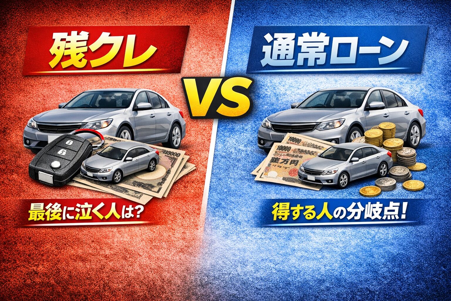 残クレと通常ローンを比較し、どちらが得かを問うシンプルな対比構図のアイキャッチ画像。