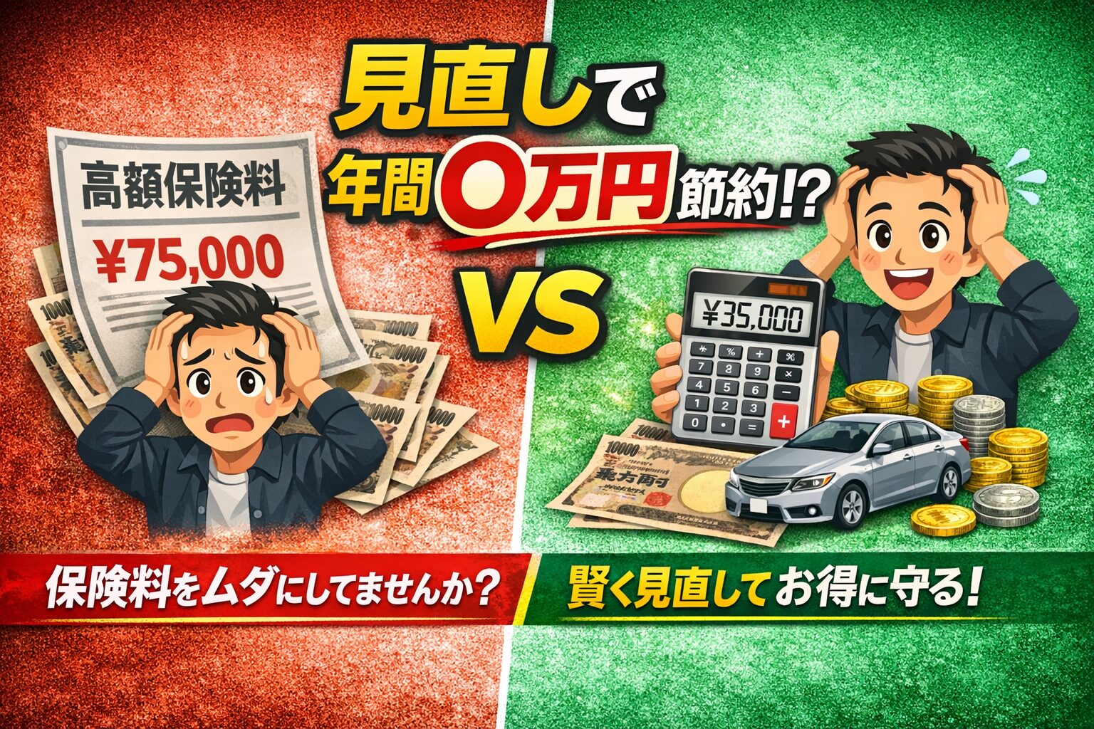 自動車保険の見直しで年間数万円節約できることを訴える、直感的で視認性の高いアイキャッチ画像。