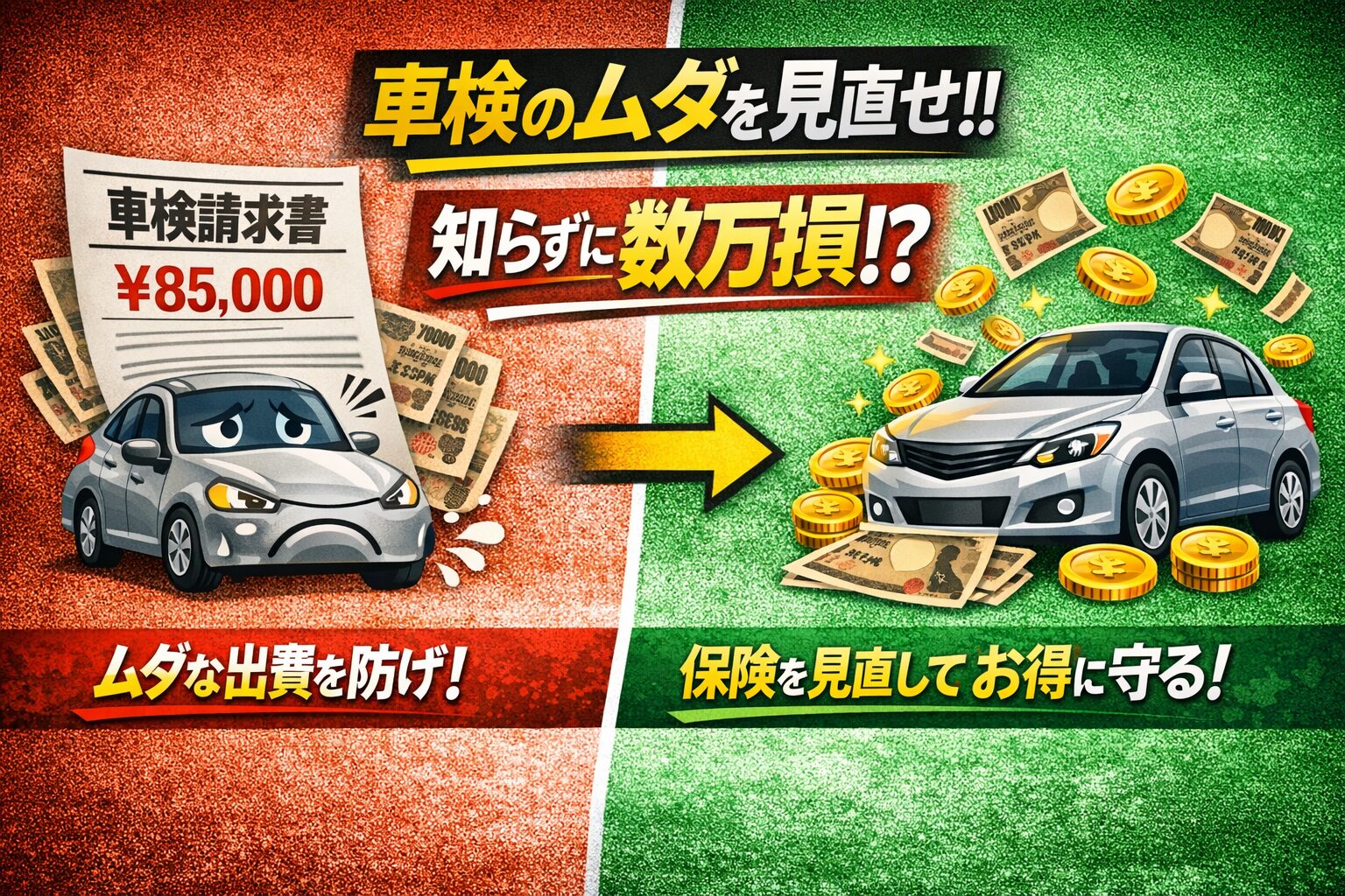 車検のムダを見直すことと保険を見直して節約することを訴える比較型のアイキャッチ画像。