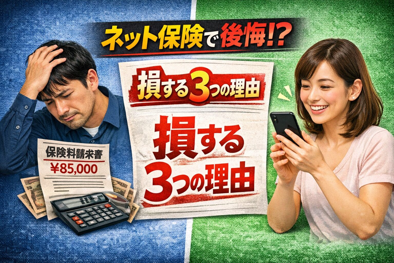 ネット型自動車保険にまつわる後悔と損失の理由を訴求するアイキャッチ画像。