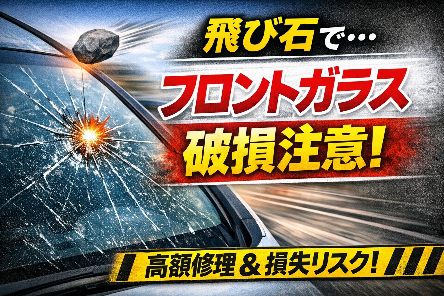 飛び石によるフロントガラス破損と高額修理リスクを注意喚起するアイキャッチ画像。