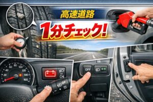 高速道路走行前に行う1分チェック（タイヤ・燃料・ライト・ドア確認）を視覚的にまとめた画像。