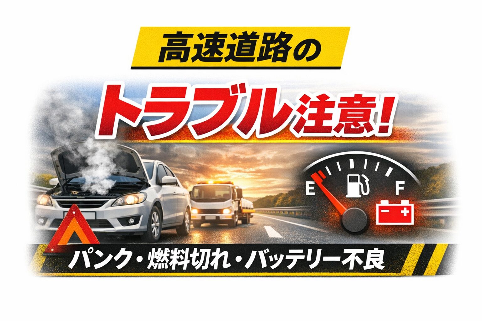 高速道路で発生しやすいトラブル（パンク・燃料切れ・バッテリー不良）を注意喚起するシンプルなアイキャッチ画像。