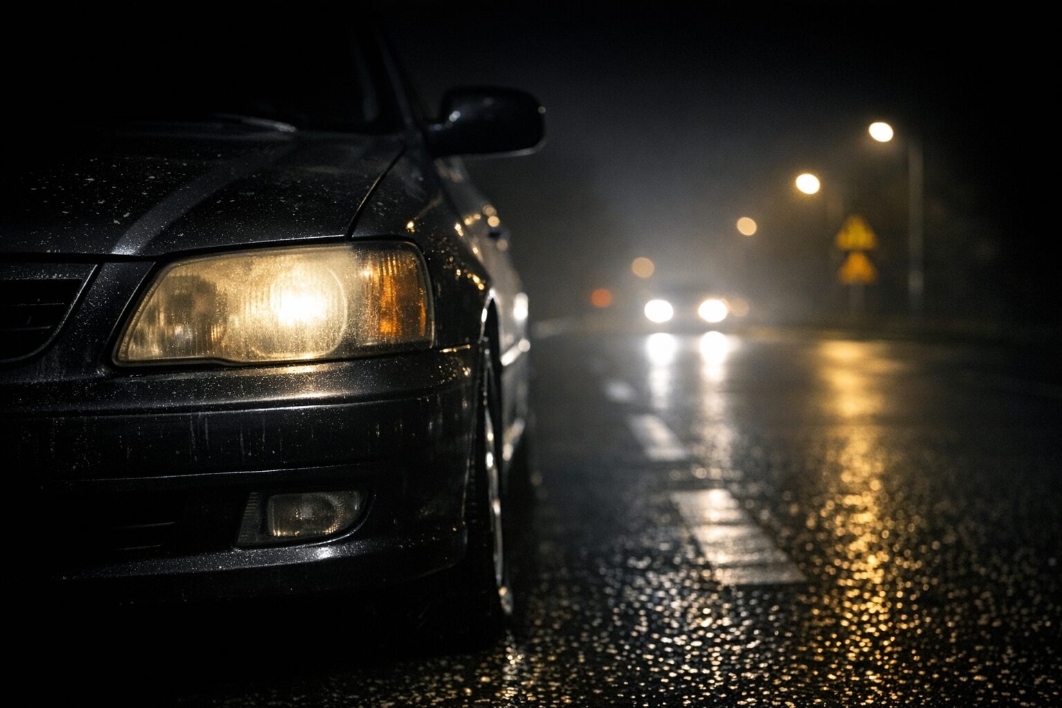 曇って黄ばんだヘッドライトが夜道を照らしにくくしている車のフロント