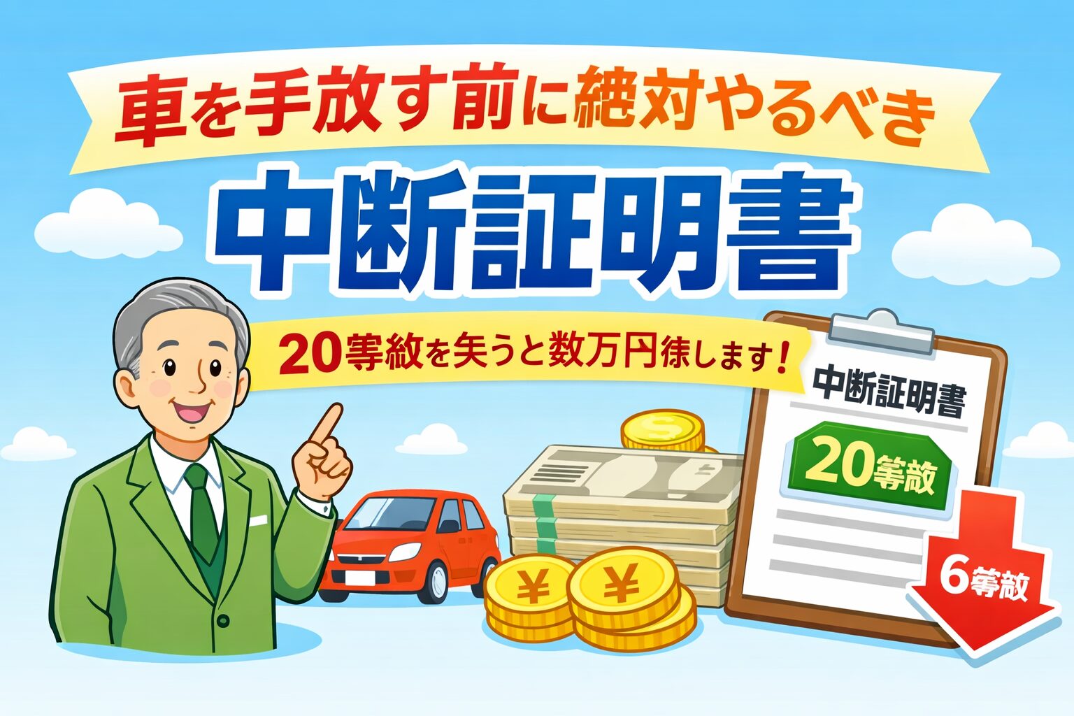 車を手放す前に必要な中断証明書を解説するアイキャッチ画像。20等級の保険割引を守る重要性を示すイラストと説明文が配置された明るいデザイン