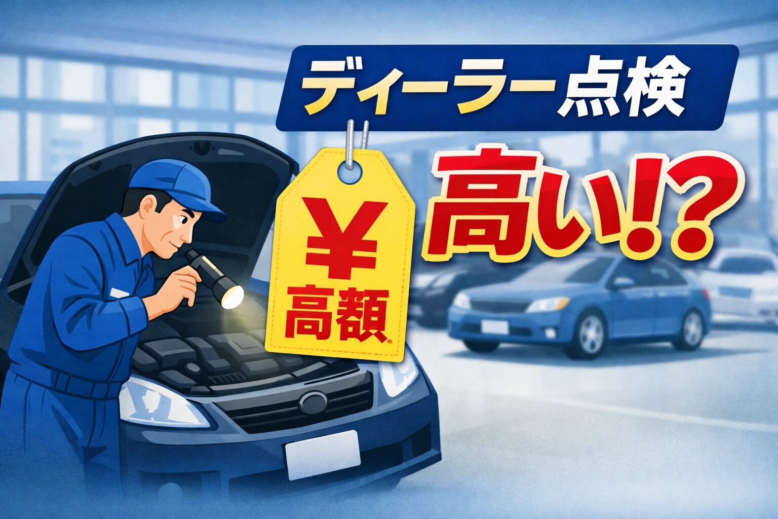 ディーラー点検が高い理由を解説する記事のアイキャッチ画像。整備士が車のエンジンを点検する様子と、大きな黄色い価格タグに『高額』の文字、右側に『ディーラー点検 高い!?』のテキストが配置されたシンプルなデザイン。